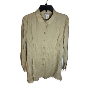 Soft Surroundings Tunic Button Front Shirt Blouse 100% Linen‎ Roll Tab Sleeve